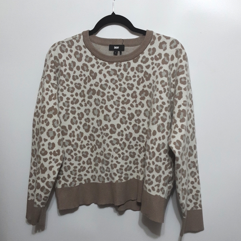 DKNY Womens XL Cream and Brown Animal Print Sweater